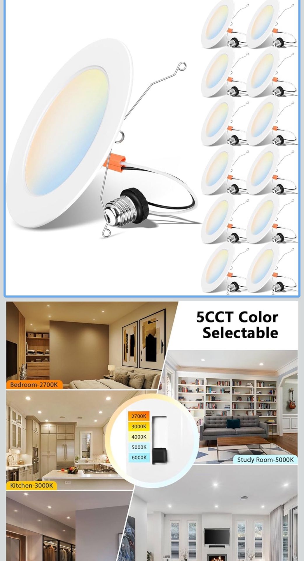 LVWIT LED Recessed Light 6inch, Can Lighting Color Selectable 2700/3000/4000/5000/6000K 5CCT, 10W(120W Equivalent) Dimmable Downlight with E26 Convers