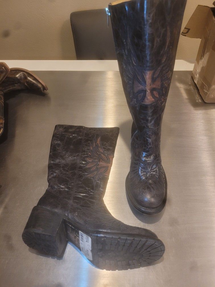 Insanley Cool & Rare Corral Cowboy x Military Boots Zipper Iron Cross Combat Size 7