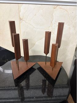 Danish Walnut Triangle3- Candle Stick Holder 7.5”H & 4.75” on the triangular base