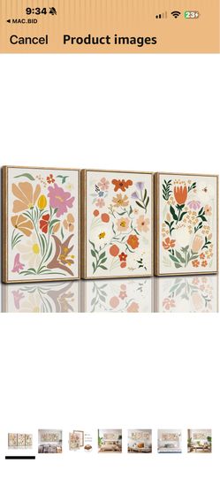 Henri Matisse Framed Canvas Art Prints, Pink Beige Flower Market Wall Decor. Set of 3 - 16x24 each