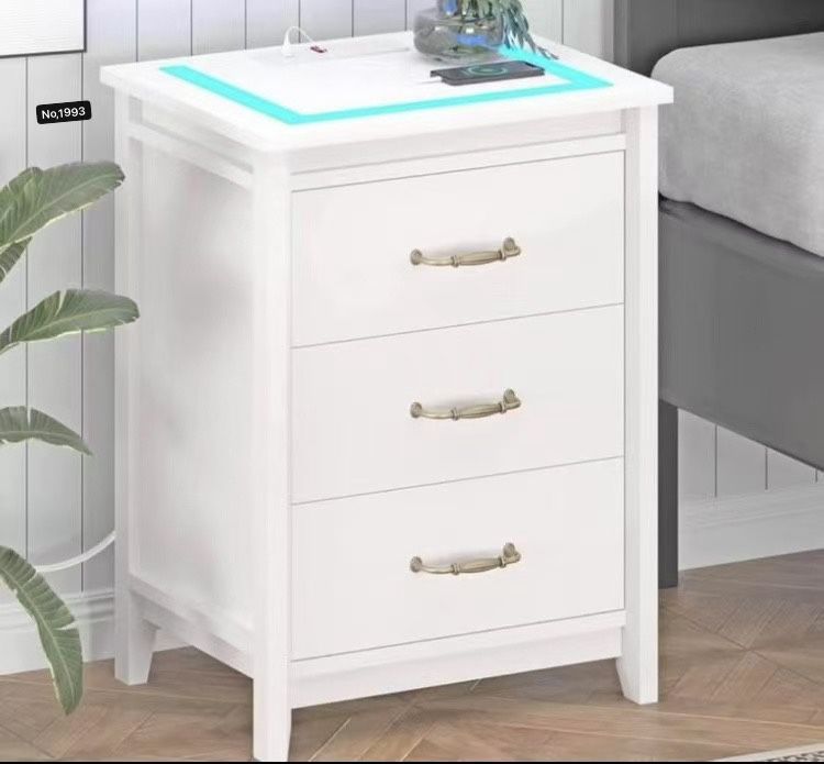 Nightstand with LED Lights and Charging Station, 3 Drawers End Table Bedside Table for Bedroom (White)