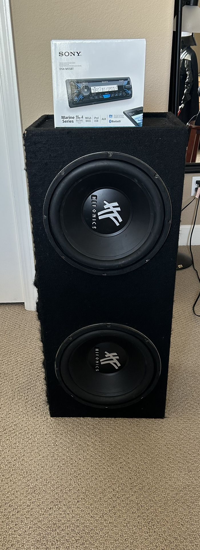 Hifonics Brand 12” Subwoofer Speakers With Box & Sony Mobile DSX-M55BT Marine Digital Media Receiver with Bluetooth