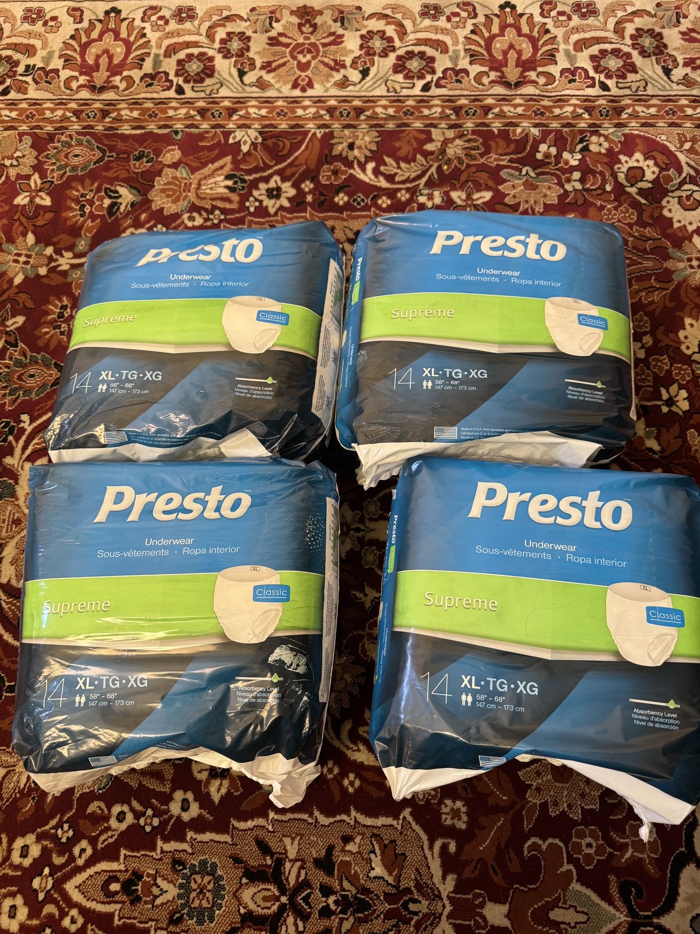 Presto Supreme Unisex Briefs with Tabs, X-Large, 58”-68”Waist, Yellow, 56 Count (4 Bags of 14