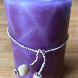 Purple Wax Pillar Candle with wooden bead & decorative twine detail, Like New / Never Used 