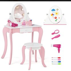 Kids Pink Vanity Table And Stool With A Mirror 