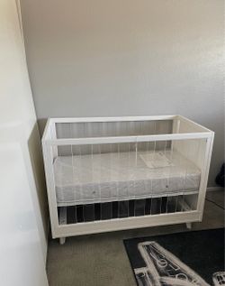 West Elm Sloan Acrylic Side Crib 3-in-1 Convertible Crib with Mattress and toddler bed conversion