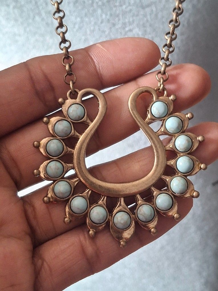 Turquoise Stone Pendant Long Necklace Set