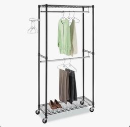 Double Rod Rolling Garment Rack with Shelf