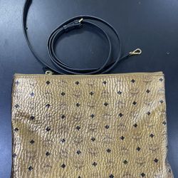 MCM Metalic Gokd Visetos Logo Flat Crossbody Purse Pouch