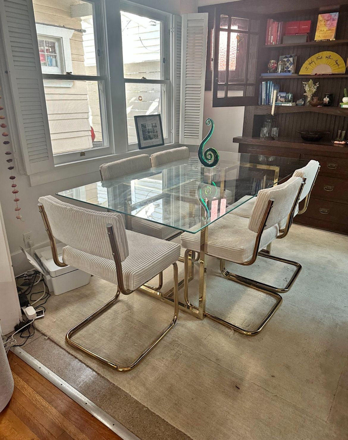 Elegant Luxury Glass Dining Set With Cream & Gold Chairs For 6