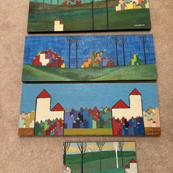 Laszlo Vandor Original Acrylic Paintings on Wood – Aldeas Potemkin (Set of 4)