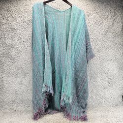 Boho Woven Ruana Wrap Cardigan Teal Purple Striped Fringe Open Front Poncho Cape