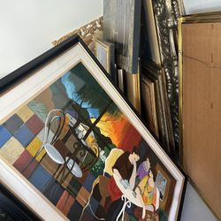 Pile Of Vintage Art Works And Mirrors 