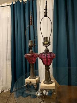 Pair of antique cranberry glass lamps