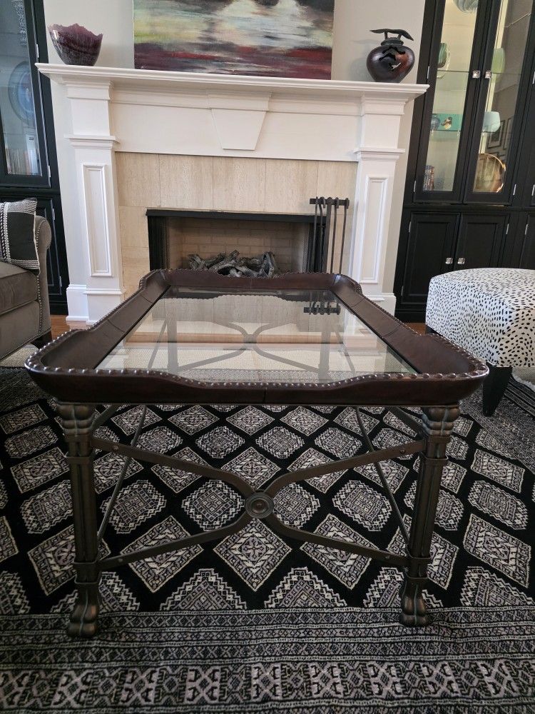 Maitland & Smith Iron, Leather, and Glass Coffee Table