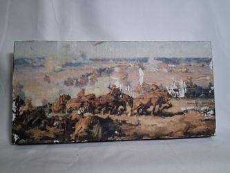 Vintage Military Battle Scene Art Print on Wood