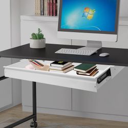 33" Low Profile Under Desk Drawer, Sliding Pull-out Storage Organizer without Shell, Iron Drawer Under Table for Office Desk or Table, White_Universal