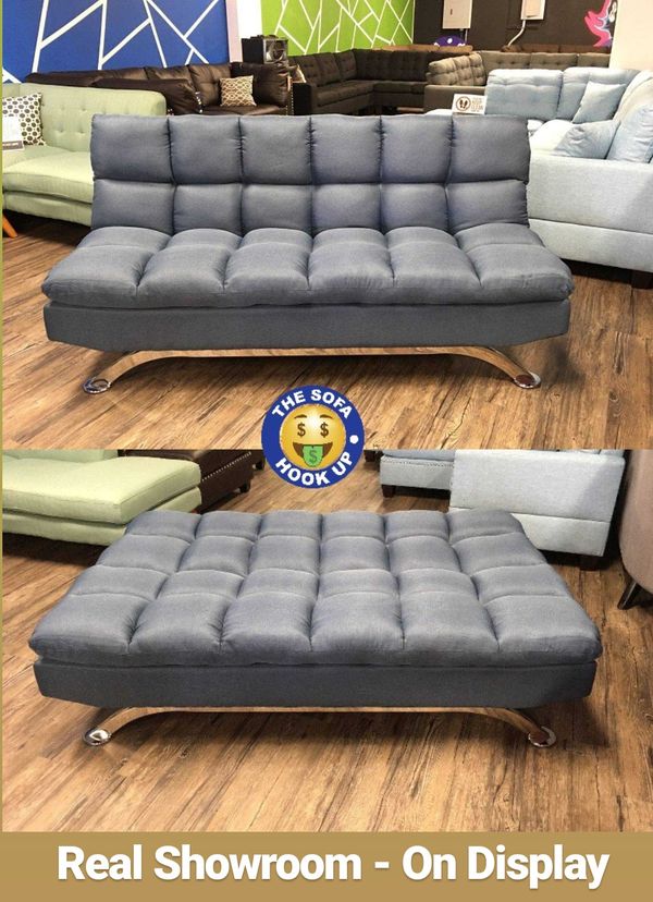 Real Showroom We Finance Blue Pillow Top Couch Sofa Futon Bed Modern