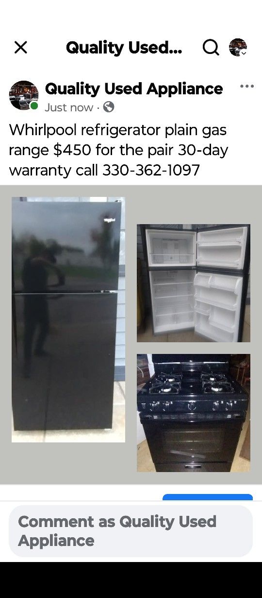 Gas Range Whirlpool Refrigerator 30-day Warranty $450