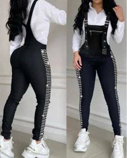 Black Rhinestone Side Stripe Suspender Pants
