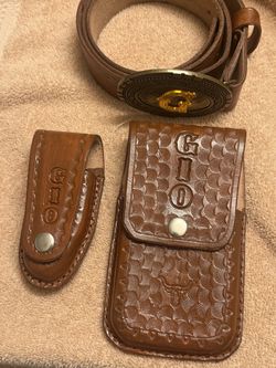 Leather belt and phone holder and knife