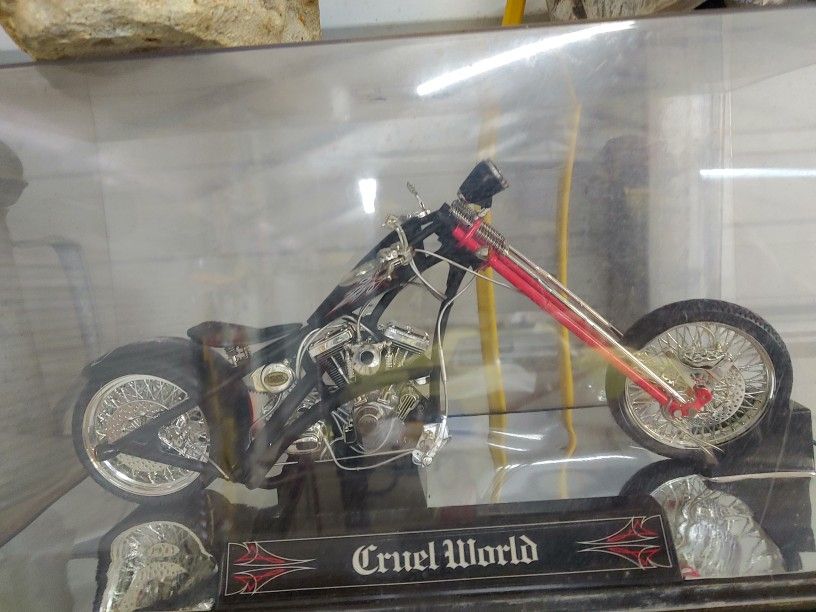 Collectible 1:10 scale diecast model of the Von Dutch "Cruel World" chopper motorcycle,