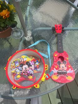 Disney Mickey Mouse Band 10 Piece Drum Set and Toy Guitar Ukulele Music Bundle