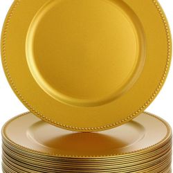 Dandat 50 Pack 13 Inch Plastic Round Dinner Plates with Beaded Rim - Reusable Charger Service Plates for Wedding Party Dinner Table Decoration (Gold)
