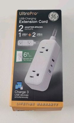 GE UltraPro USB-Charging Extension Cord with 2-Outlets + 2 USB-A + 1 USB-C Ports