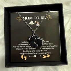 “Mom to Be” little feet necklace pendant in gift box - silver colored - stainless steel