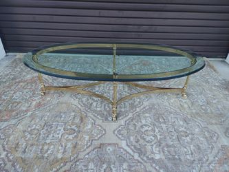 Vintage Hollywood Regency Brass Oval Coffee Table ( La Barge ) Glass Top.