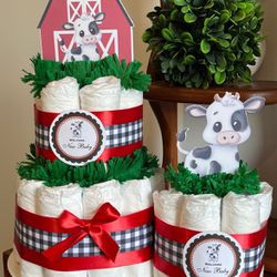 FARM ANIMALS COW baby shower diaper cake gift decor centerpiece