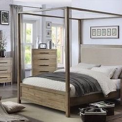 Brand New 4 PC Light Oak Canopy Bedroom Set with Padded Headboard