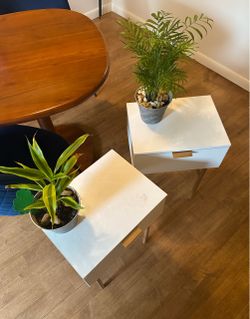Mid-Century Modern Bedside Table Set (2) with Drawer (White/Gold)