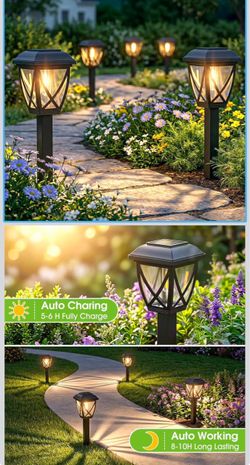 Solar Pathway Lights Outdoor 6 Pack, Warm White Auto On/Off Waterproof Energy Saving LED Landscape Outside Lights for Garden Yard, Walkway, Driveway D