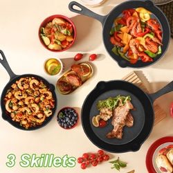 3-Piece Cast Iron Skillet Set – Pre-Seasoned, Heavy Duty, Oven Safe