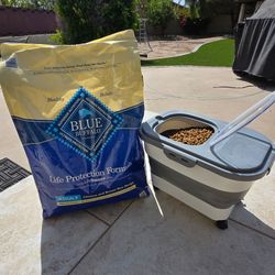 Blue Buffalo dog food and collapsible food storage