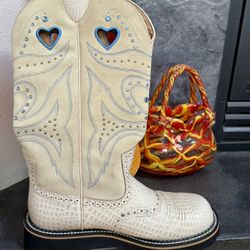 ARIAT Hearts Women’s Cowboy / Cowgirl Boots FATBOY BABY BUCK Cream Bone Gator Leather & Suedeo