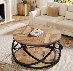 31.5” Brown Round Wood Coffee Table with Metal Frame, 2-Tier Living Room Accent Center Table