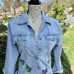  Women’s Denim Jacket Petite with Colorful Kitties and Multi Colored Cuffs