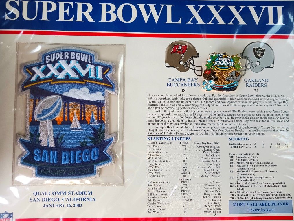 January 26, 2003 Nfl Football Tampa Bay Buccaneers Oakland Raiders Super Bowl XXXVII (37) Patch