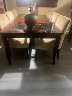Wood Table with Beveled Glass & Extension