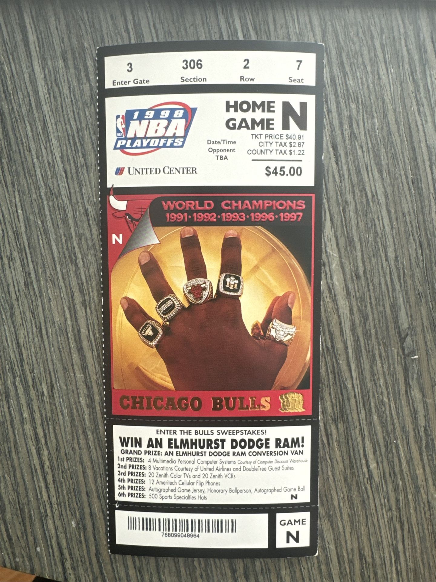 1998 NBA Playoffs Chicago Bulls Ticket Stub 7 UNUSED COMPLETE Ticket Home Game N