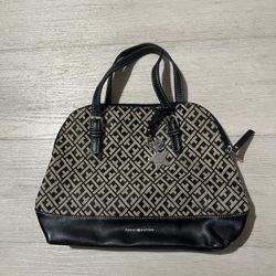 Tommy Hilfiger Monogram Dome Satchel Bag – Black & Beige TH Logo, Structured Purse