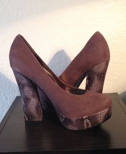 Brown snake skin platform pump heels