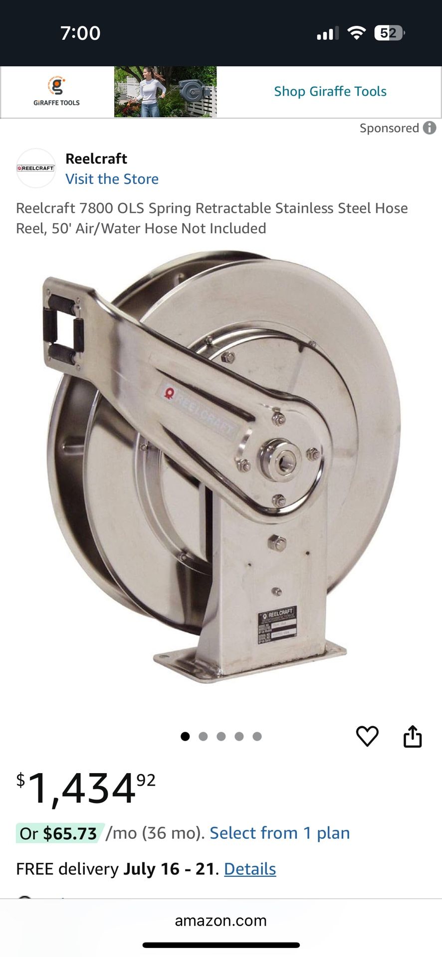 Reelcraft 7800 OLS Spring Retractable Stainless Steel Hose Reel, 50' Air/Water