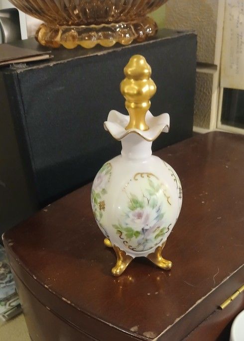 Vintage Porcelain Perfume Bottle Footed Floral Pattern Gold Feet Gold Stopper Lid