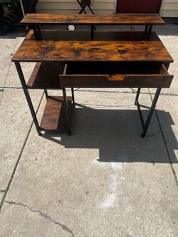 Computer Desk w/ Monitor Stand, Drawer & Shelf Wood/Metal Brown/Black