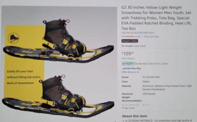 New! 30" Yellow Lightweight Snowshoes With Trekking Poles & Tote Bag