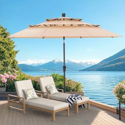 10 FT Patio Umbrella, 3 Tier Outdoor Table Umbrella with 8 Sturdy Glass Fiber Ribs and Push Button Tilt, Outdoor Patio Umbrellas for Market Pool Garde